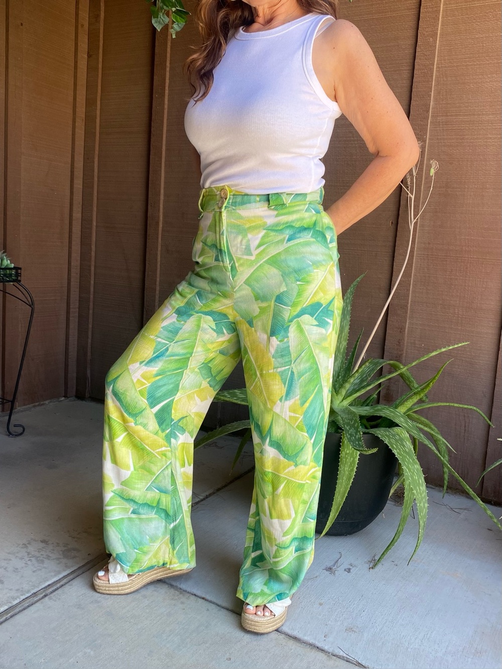 Rio Lifestyle Green Tropical Palm Leaf Wide Leg Pants Size S
